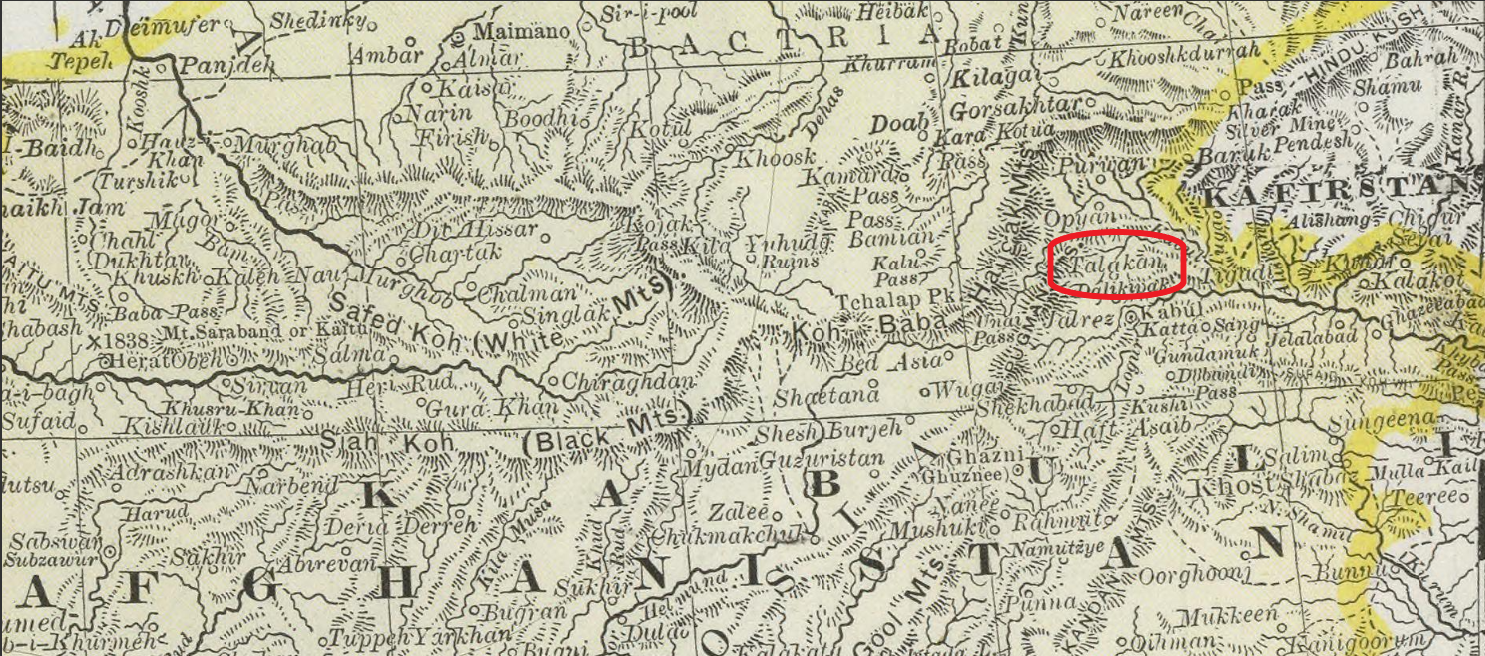 سلسلة جبال الطالقان شمال كابل في افغانستان في خرائط القرن التاسع عشر الميلادي.